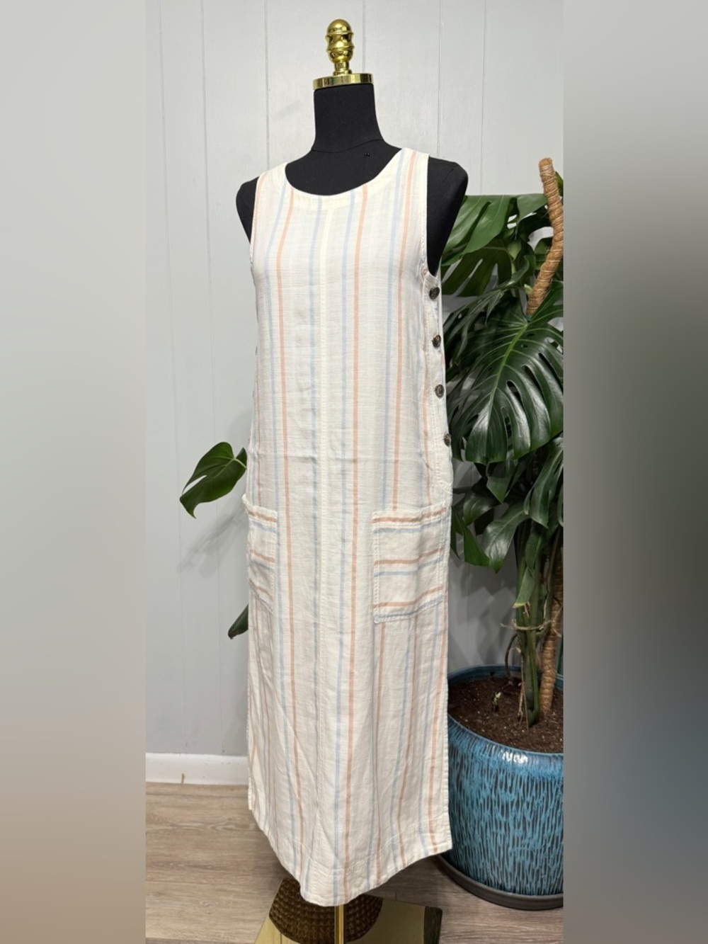 #13) Sleeveless Striped Cotton-Blend Midi Dress Off-white with Pastel Stripes